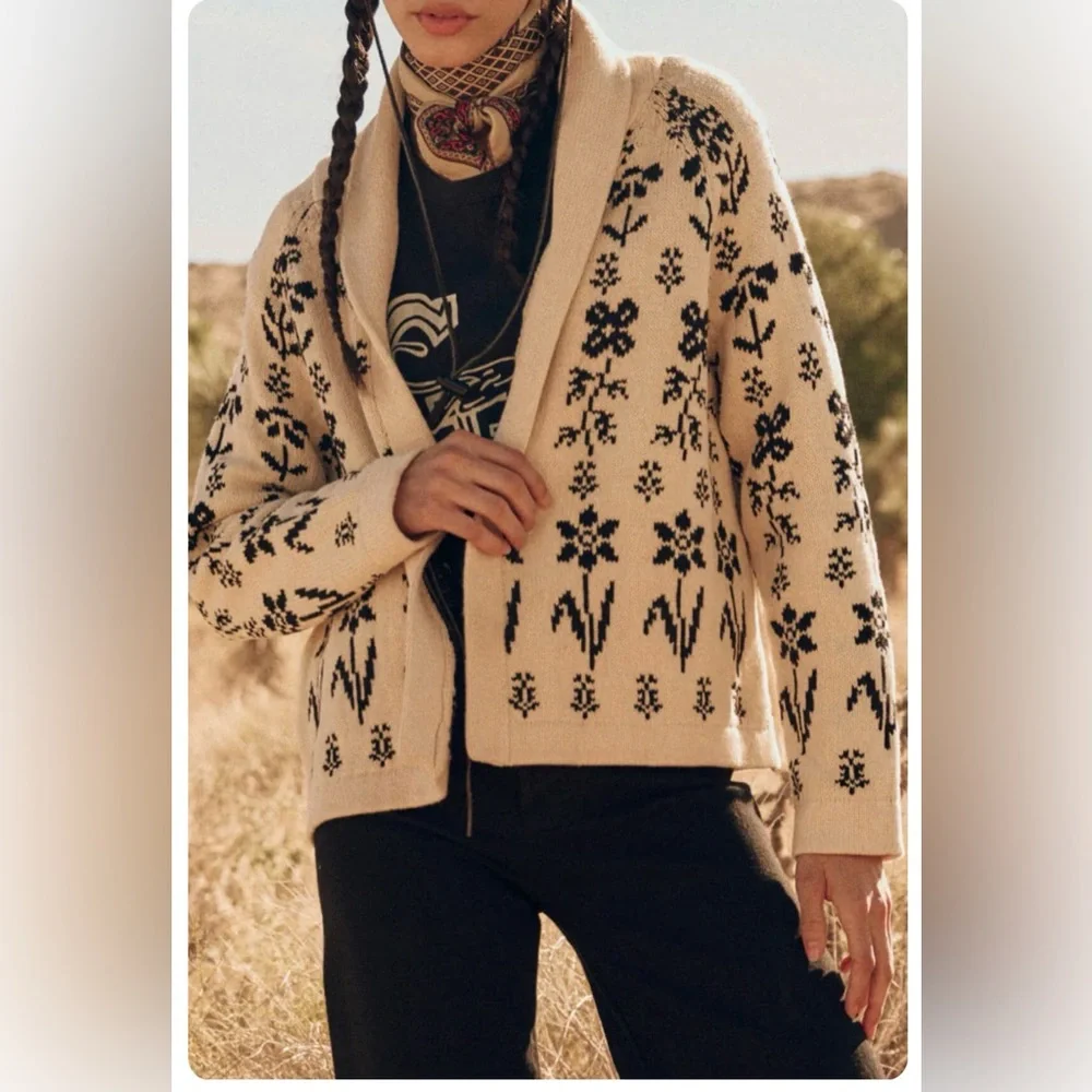 THE GREAT. The Garden Lodge Cotton Cream and Black Floral Cardigan - Picture 6 of 10